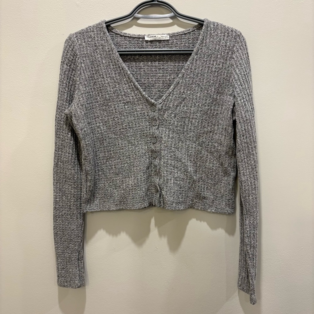 Pull&Bear Gray Ribbed V-Neck Button-Front Sweater